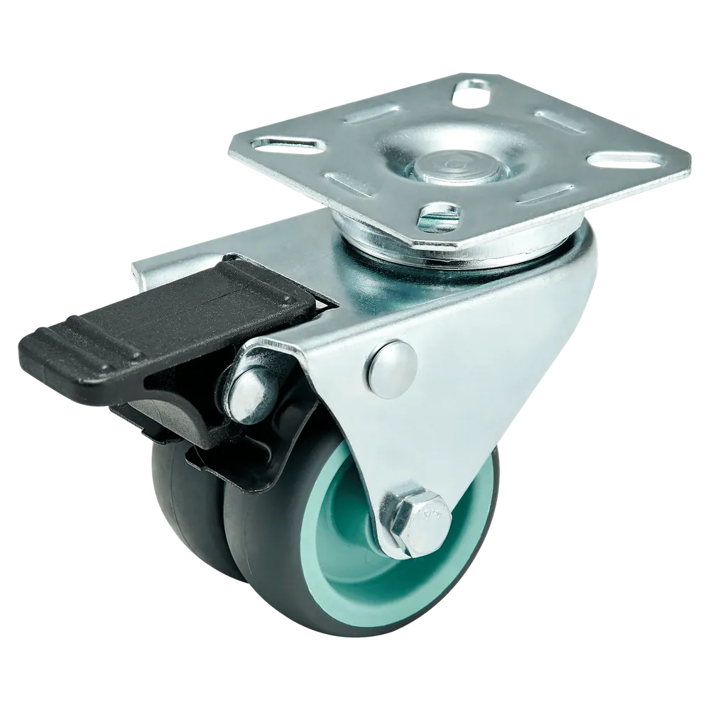 2 Inch Light Duty Silent Twin Wheel Swivel Caster With Brake Shaftless TPR Dual Wheel — 50 mm wheel, 40 kg load capacity, Top plate