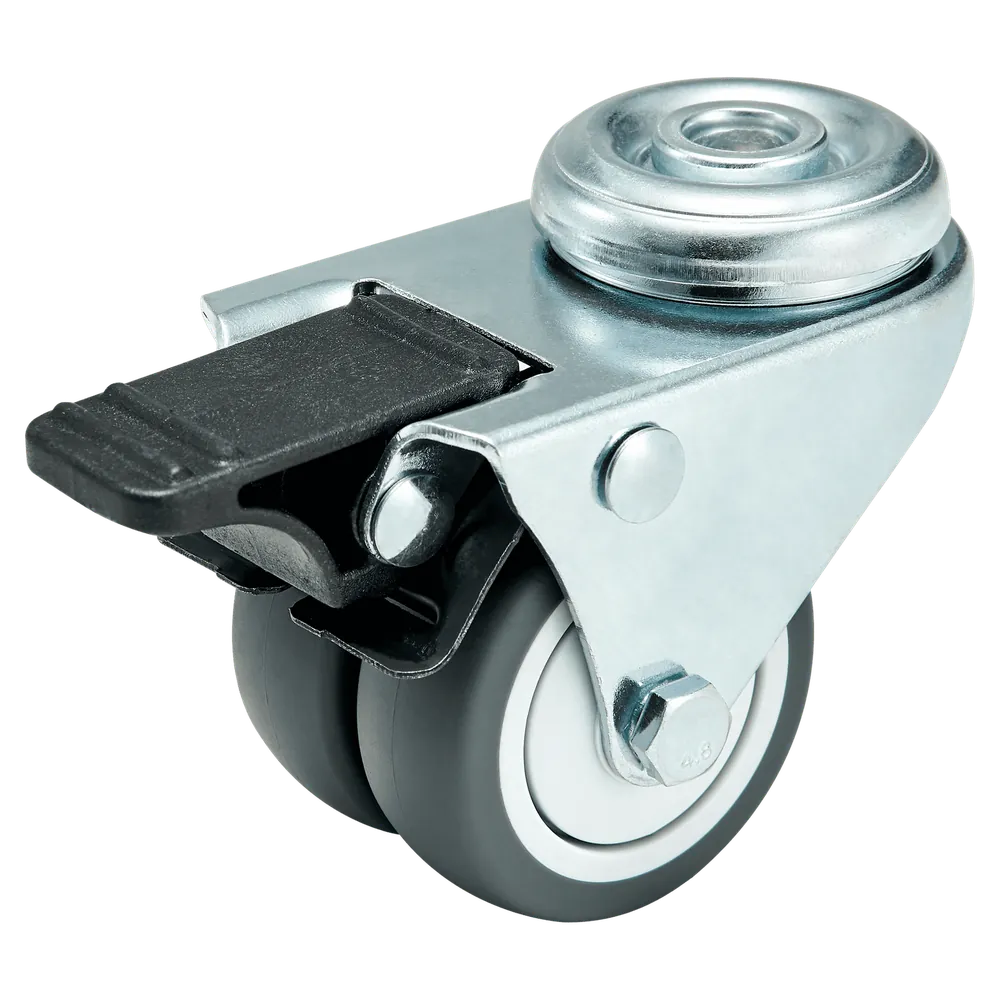 2 Inch Light Duty TPR Single Axle Twin Wheel Swivel Caster Hole-top Mount With Brake — 50 mm wheel, 40 kg load capacity, Top hole (bolt-down)