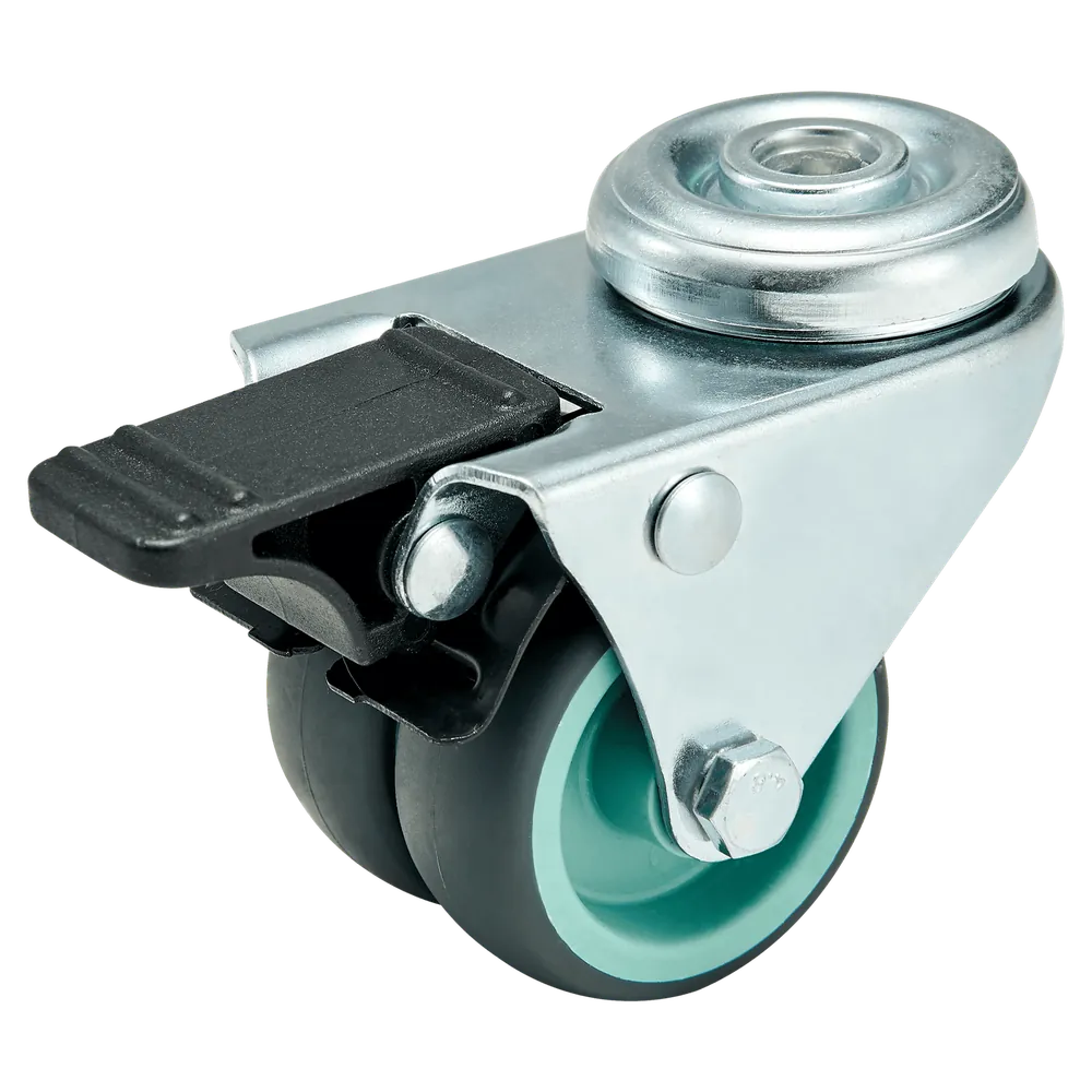 2 Inch TPR Shaftless Twin Wheel Swivel Caster Hole Top Mount With Brake — 50 mm wheel, 40 kg load capacity, Top hole (bolt-down)