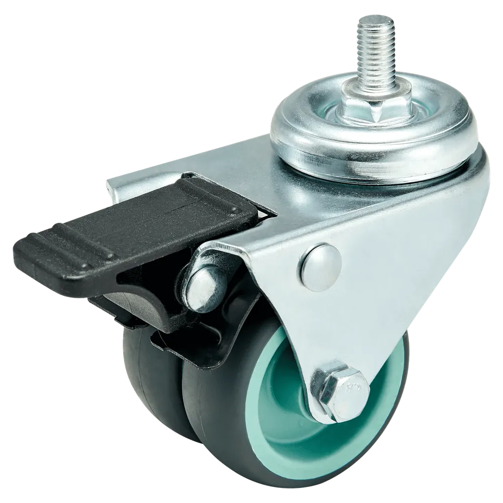 2 Inch TPR Shaftless Twin Wheel Swivel Caster Threaded Stem With Brake — 50 mm wheel, 40 kg load capacity, Threaded stem