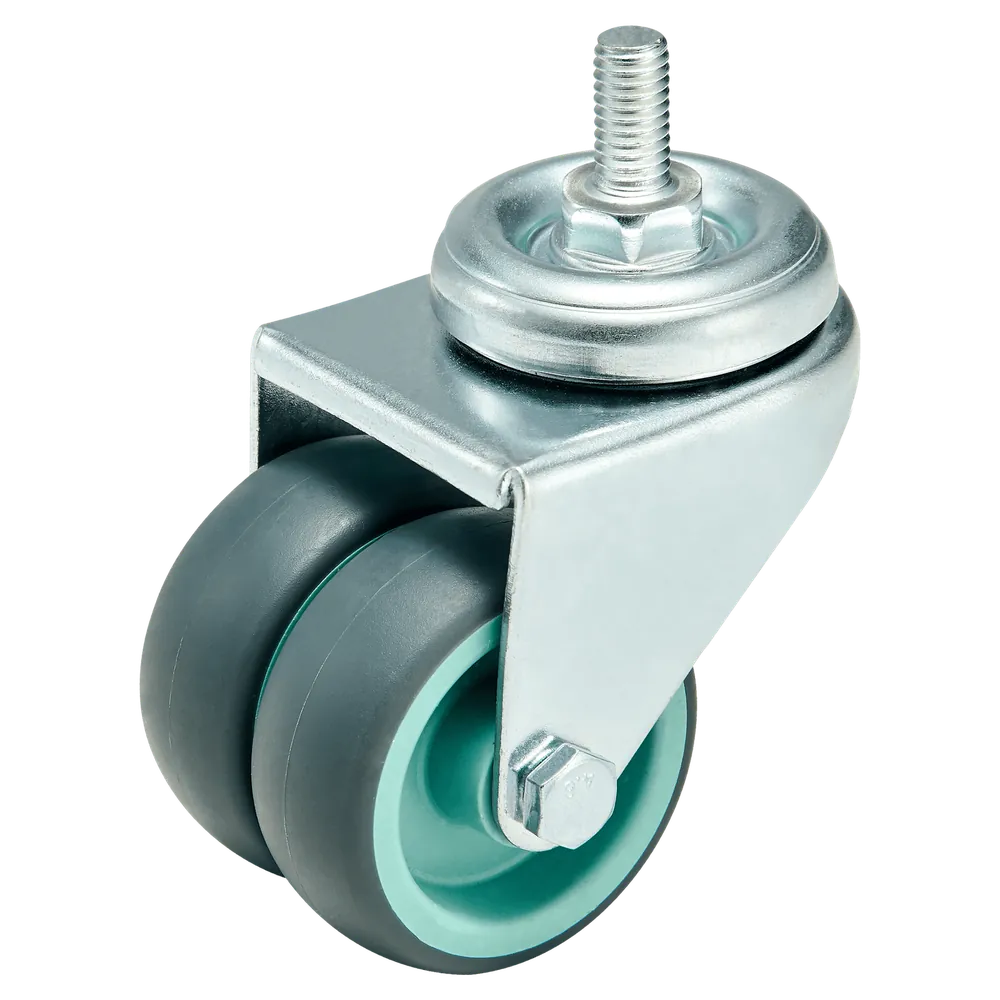 2 Inch TPR Shaftless Twin Wheel Swivel Caster Threaded Stem With Brake — Cutout — without brake
