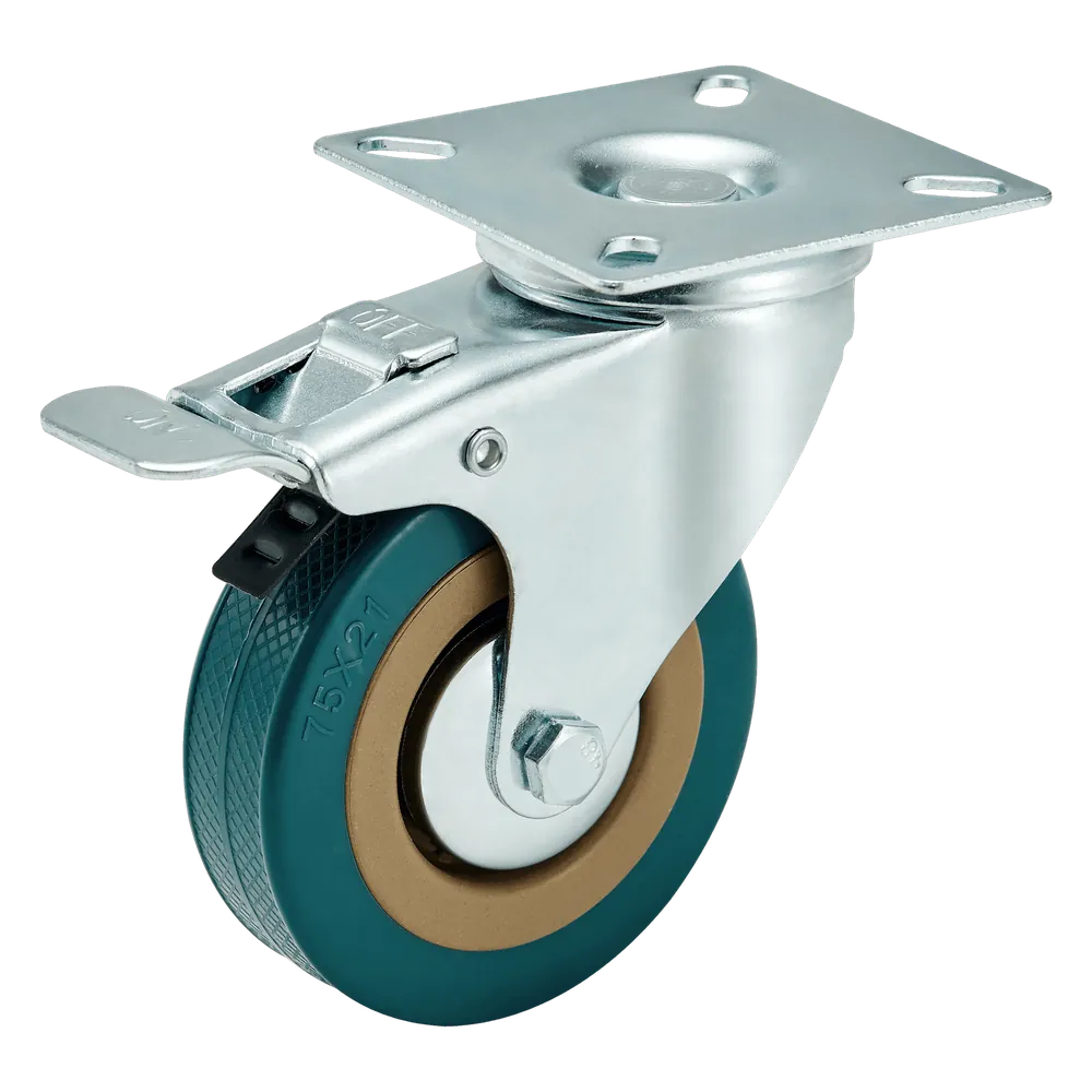 Light Duty PVC Flat Mount Swivel Caster Wheel with Brake — 75 mm wheel, 100 kg load capacity, Top plate