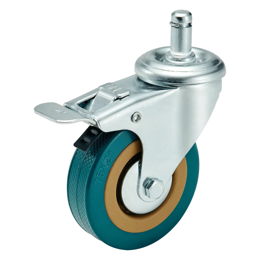3 Inch Light Duty Green PVC Grip Ring Stem Swivel Caster with Brake — 75 mm wheel, 100 kg load capacity, Grip-ring / expanding stem