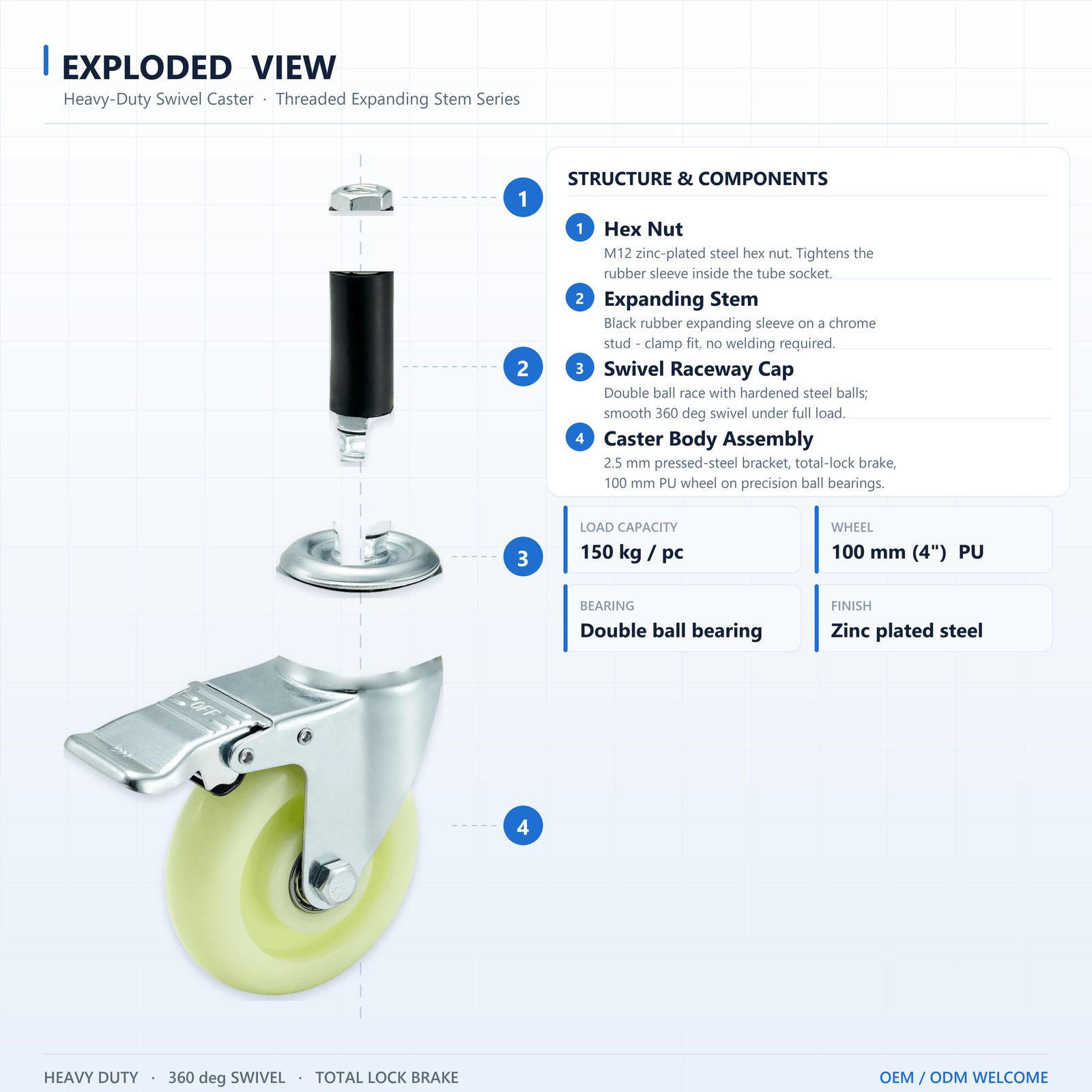 100 mm PU Expanding Stem Swivel Caster with Total Lock — Exploded view