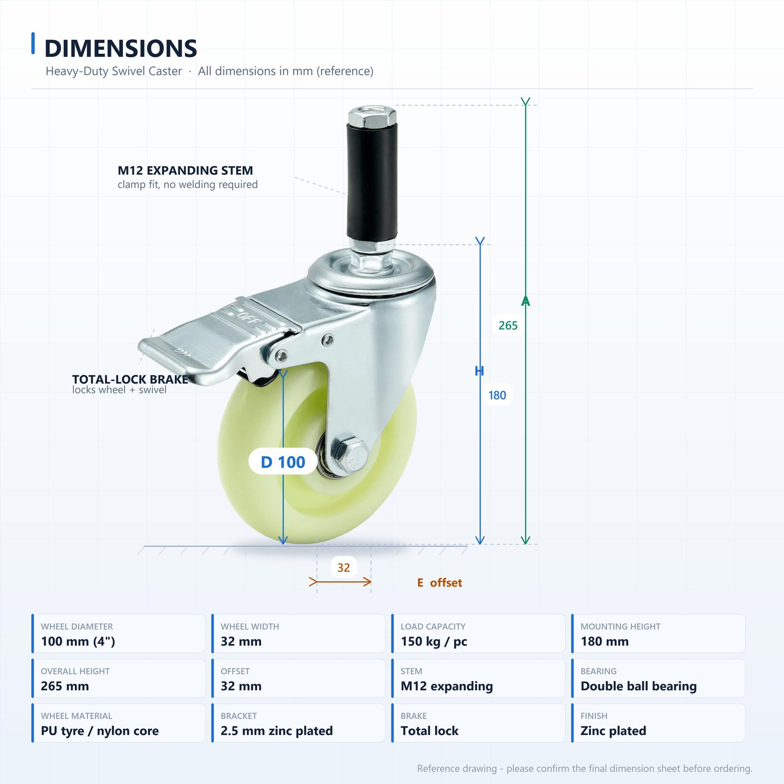 100 mm PU Expanding Stem Swivel Caster with Total Lock — Dimensions (reference)