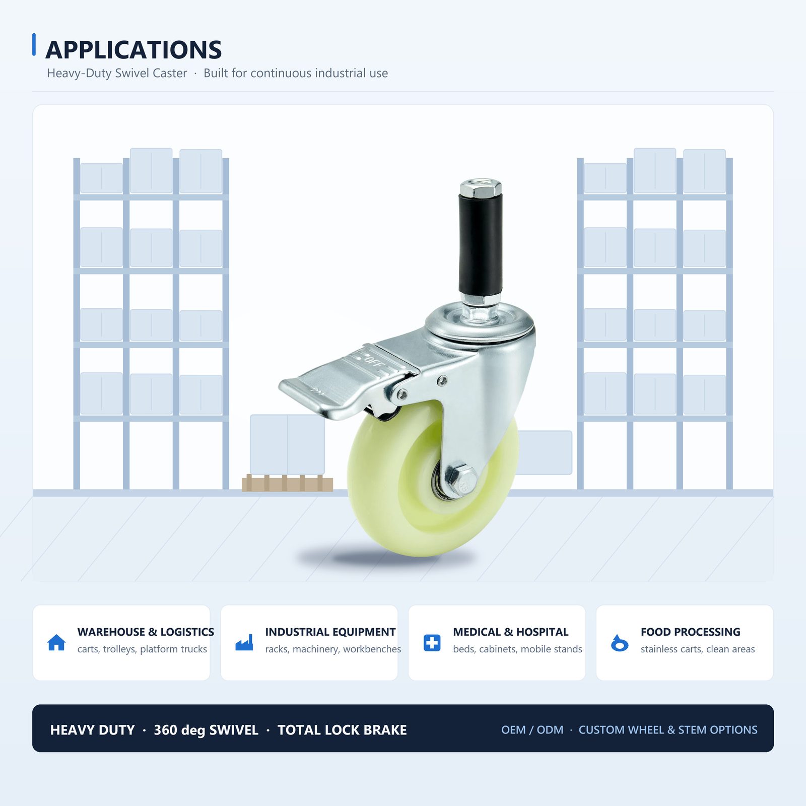 100 mm PU Expanding Stem Swivel Caster with Total Lock — Applications