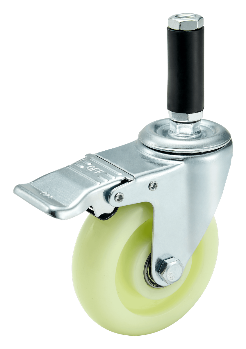 100 mm PU Expanding Stem Swivel Caster with Total Lock — Polyurethane Grip-ring / expanding stem caster, 100 mm wheel, 150 kg load capacity