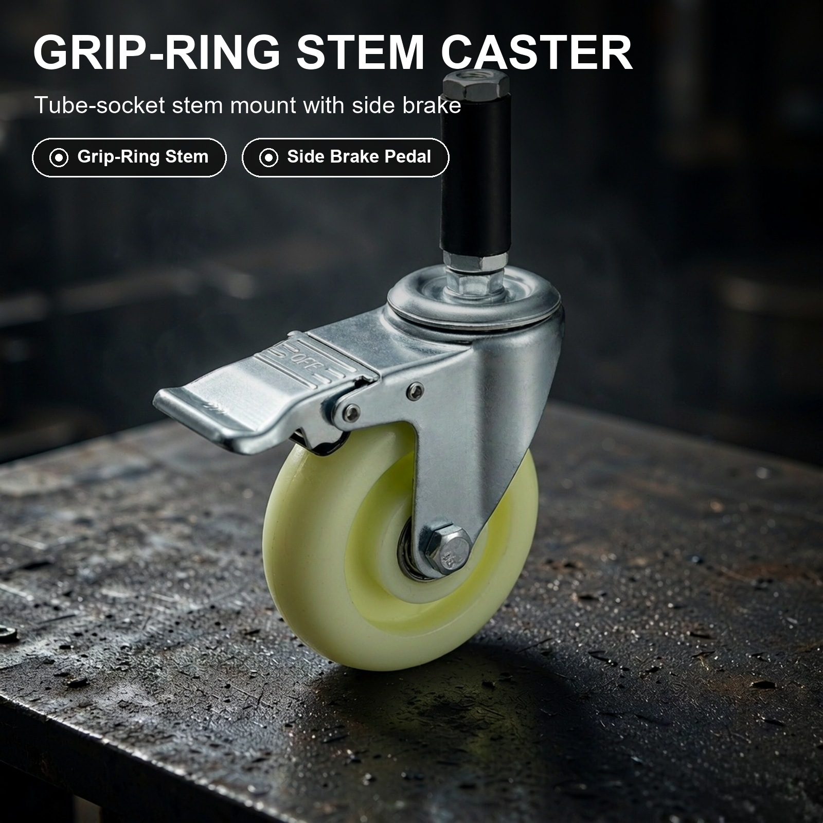 100 mm PU Expanding Stem Swivel Caster with Total Lock — Styled — tube mount