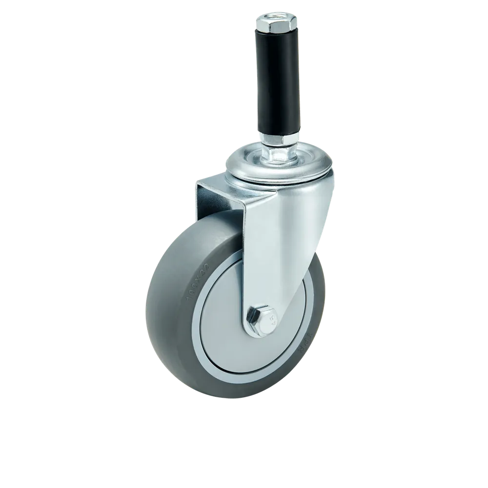 Rod Mount TPR Caster Wheel with Brake — TPR Grip-ring / expanding stem caster, 100 mm wheel, 120 kg load capacity