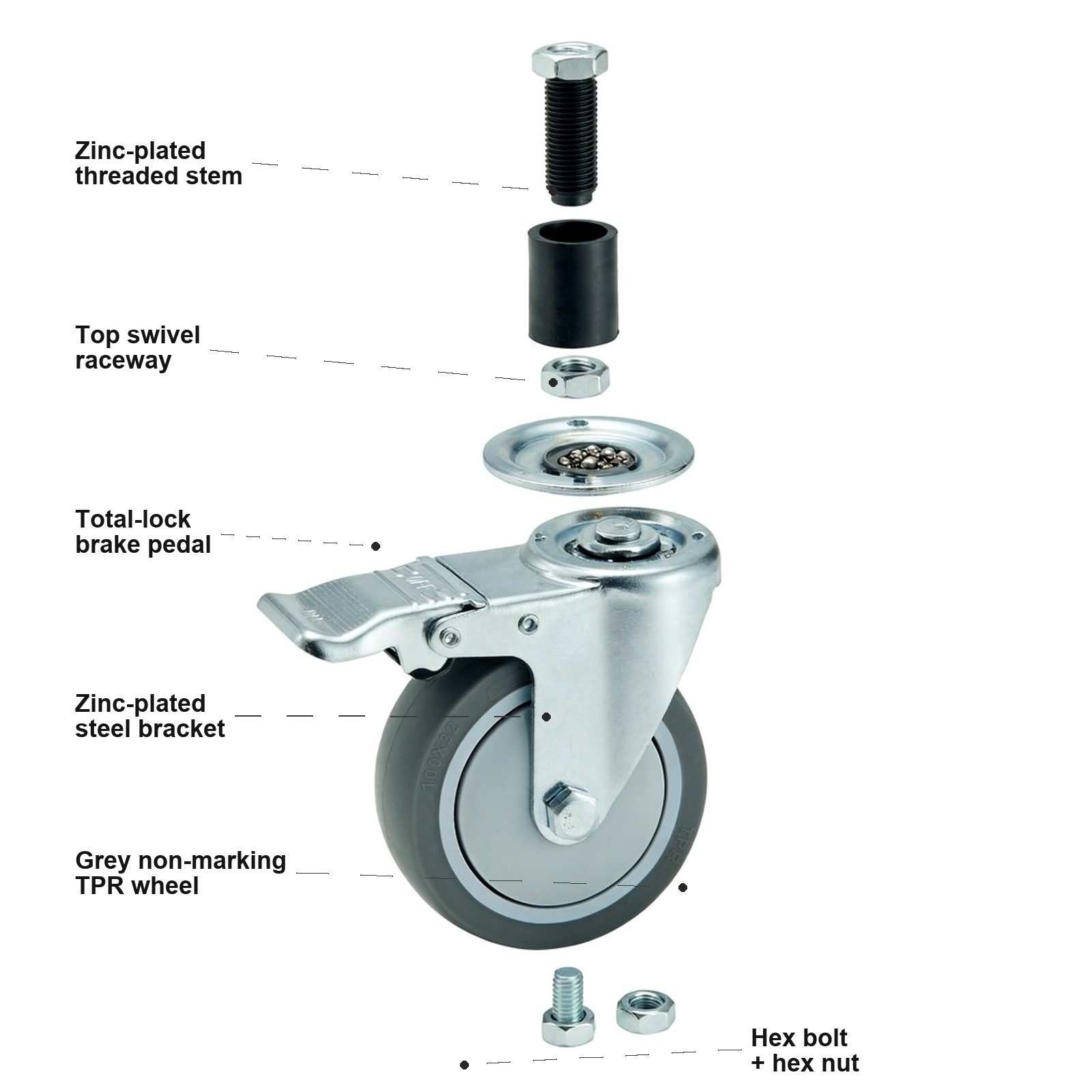 100 mm TPR Expanding Sleeve Swivel Caster with Total Lock — Exploded view