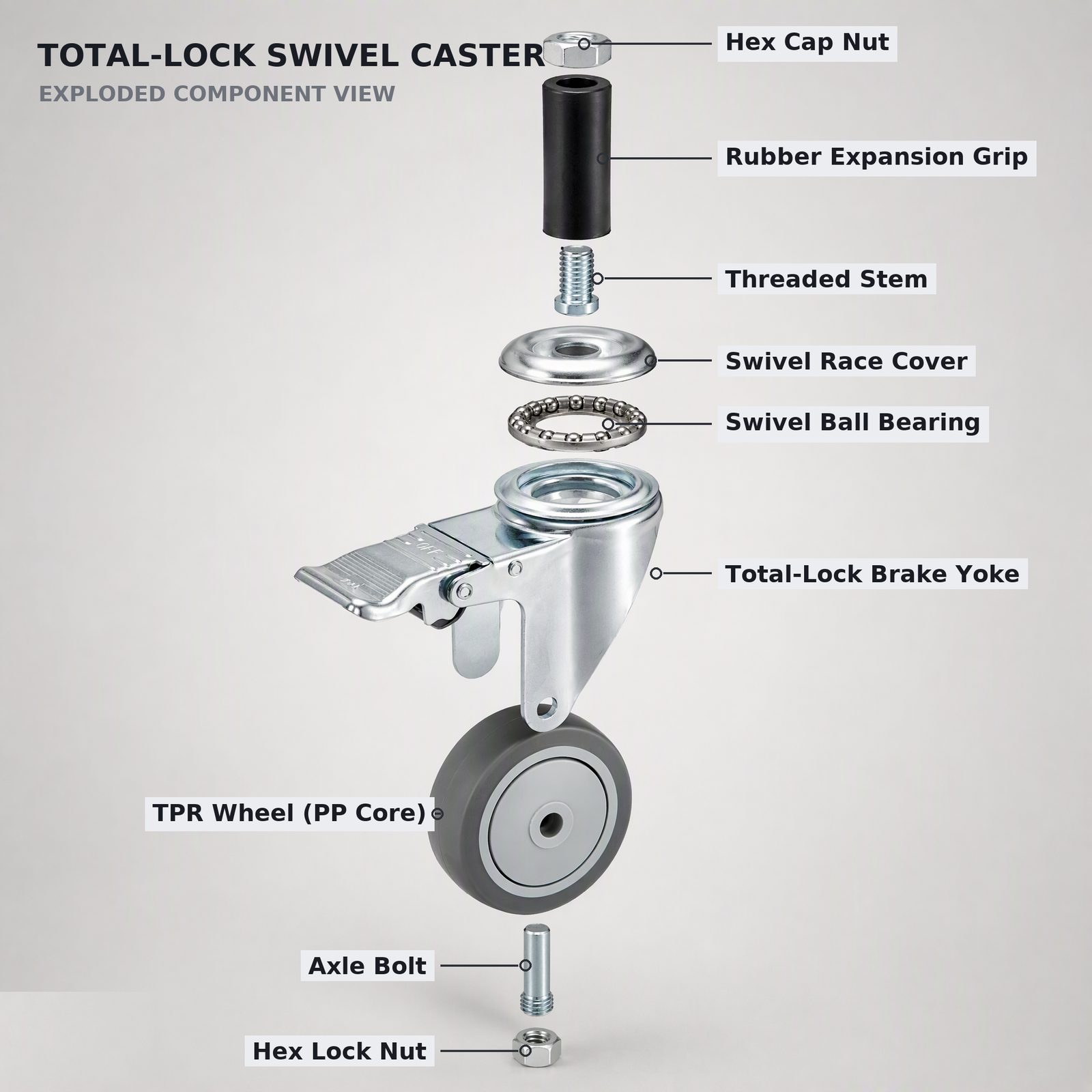 100 mm TPR Expanding Sleeve Swivel Caster with Total Lock — TPR Grip-ring / expanding stem caster, 100 mm wheel, 120 kg load capacity