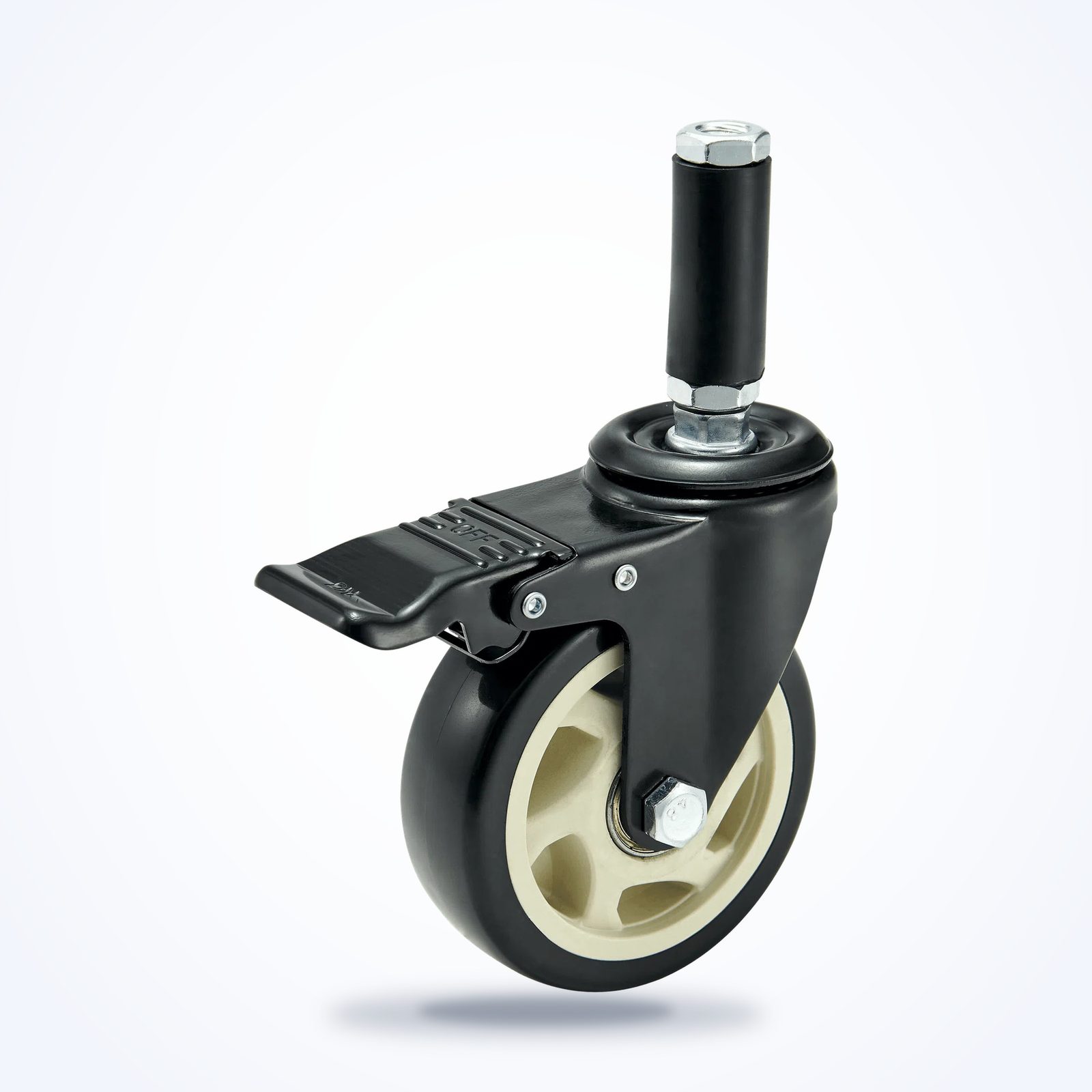100 mm PU Expanding Sleeve Swivel Caster with Total Lock — Black — 100 mm wheel, 120 kg load capacity, Grip-ring / expanding stem