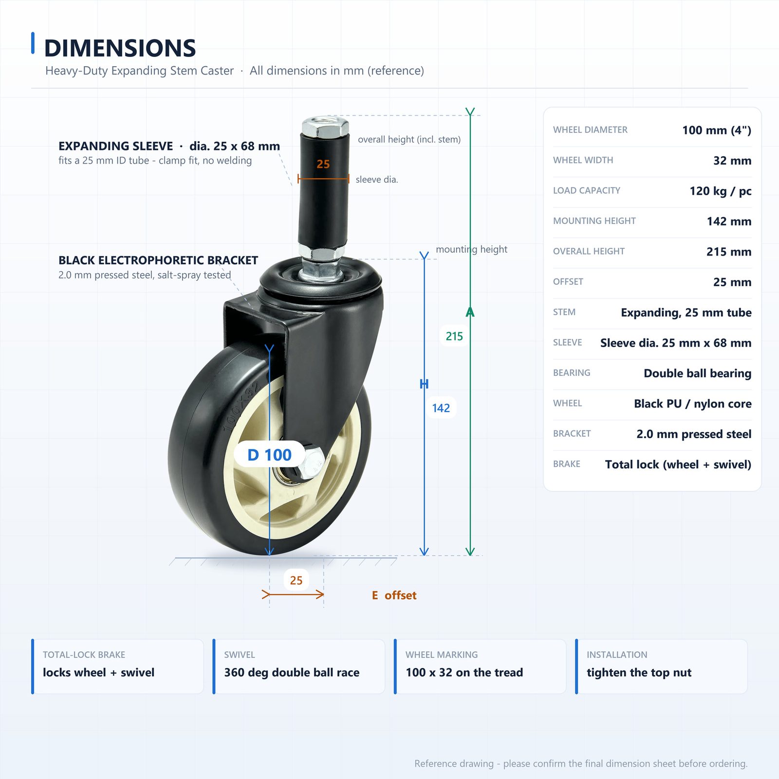 100 mm PU Expanding Sleeve Swivel Caster with Total Lock — Black — Dimensions (reference)