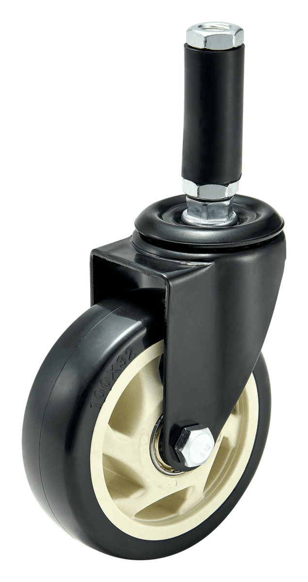 100 mm PU Expanding Sleeve Swivel Caster with Total Lock — Black — Polyurethane Grip-ring / expanding stem caster, 100 mm wheel, 120 kg load capacity