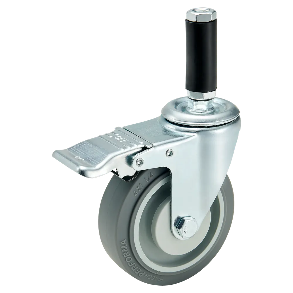 Grey TPR Medium Duty Expanding Stem Swivel Brake Caster — 100 mm wheel, 120 kg load capacity, Grip-ring / expanding stem