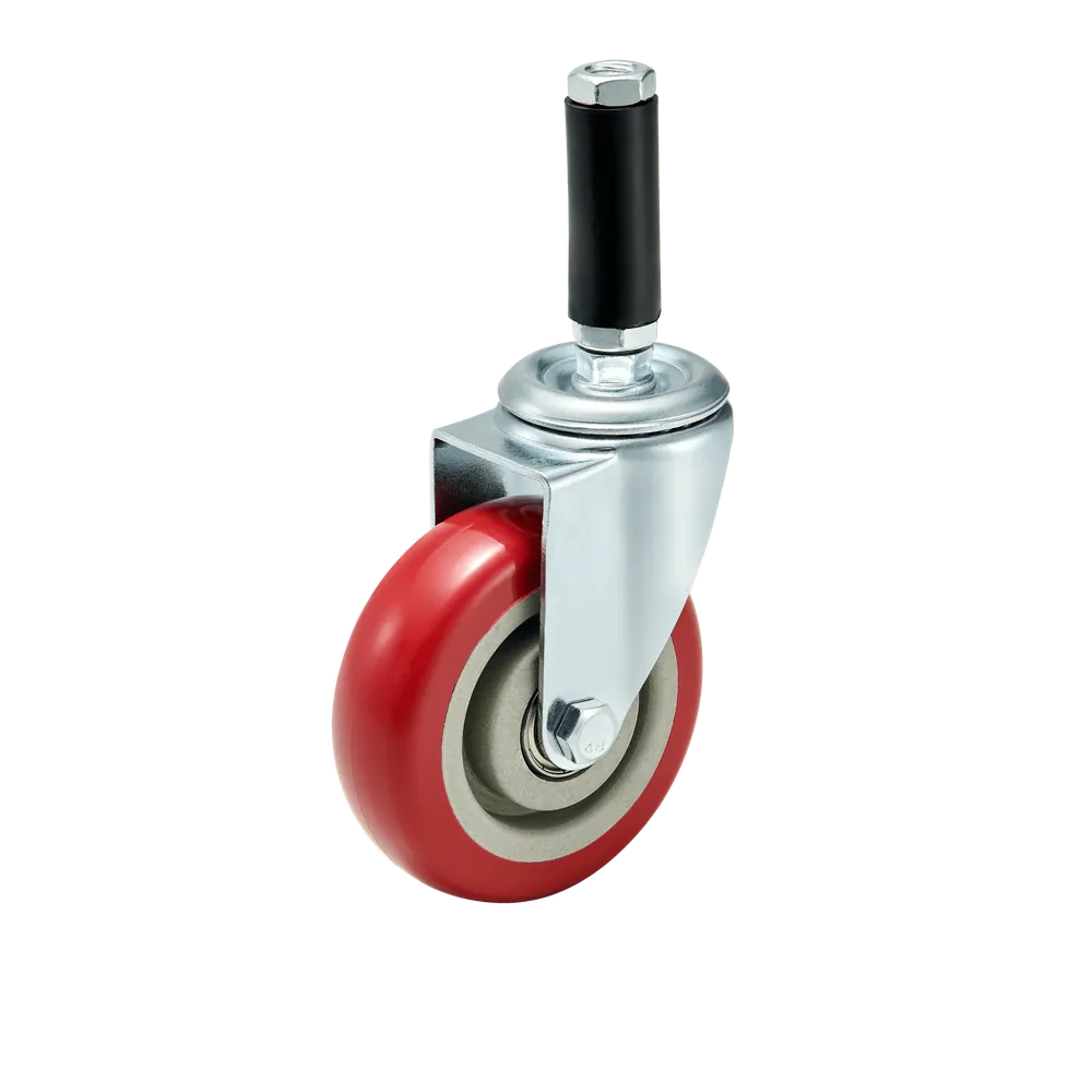 Red PP Medium Duty Expanding Stem Swivel Brake Casters Ball Bearing Rod Type — 100 mm wheel, 120 kg load capacity, Grip-ring / expanding stem
