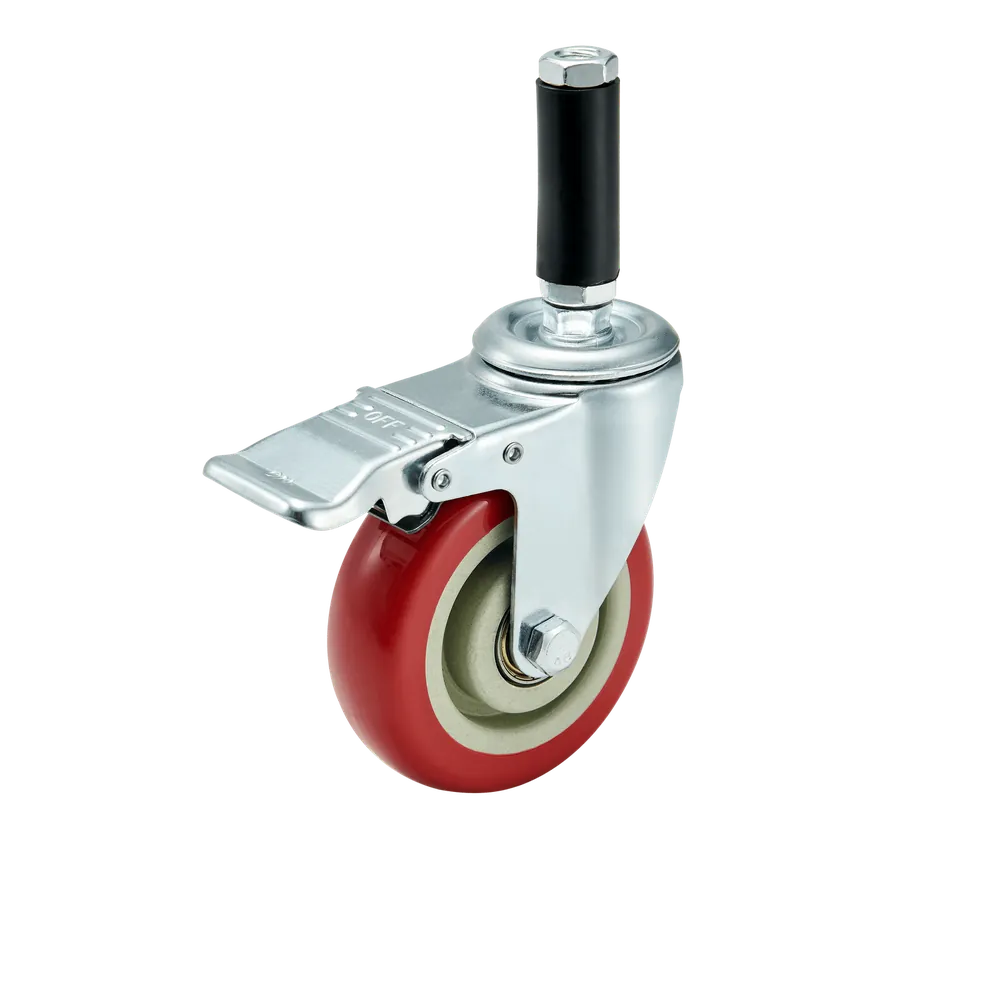 Red PP Medium Duty Expanding Stem Swivel Brake Casters Ball Bearing Rod Type — Cutout — second angle