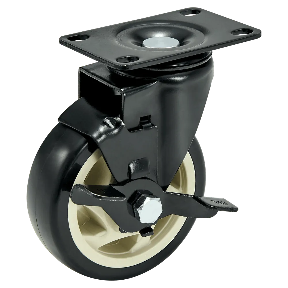 4 Inch Medium Duty Rigid Side Brake Caster — 100 mm wheel, 120 kg load capacity, Top plate