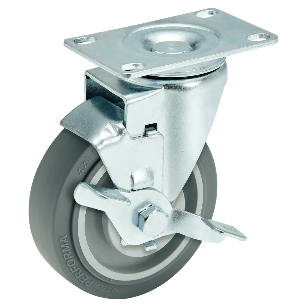 4 Inch Medium Duty Swivel Casters with Side Brake Grey TPR Caster — Cutout — without brake