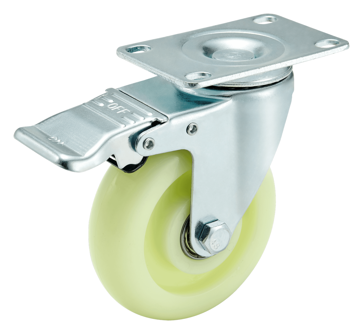 100 mm Nylon Top Plate Swivel Caster with Side Brake — Nylon (PA6) Top plate caster, 100 mm wheel, 150 kg load capacity
