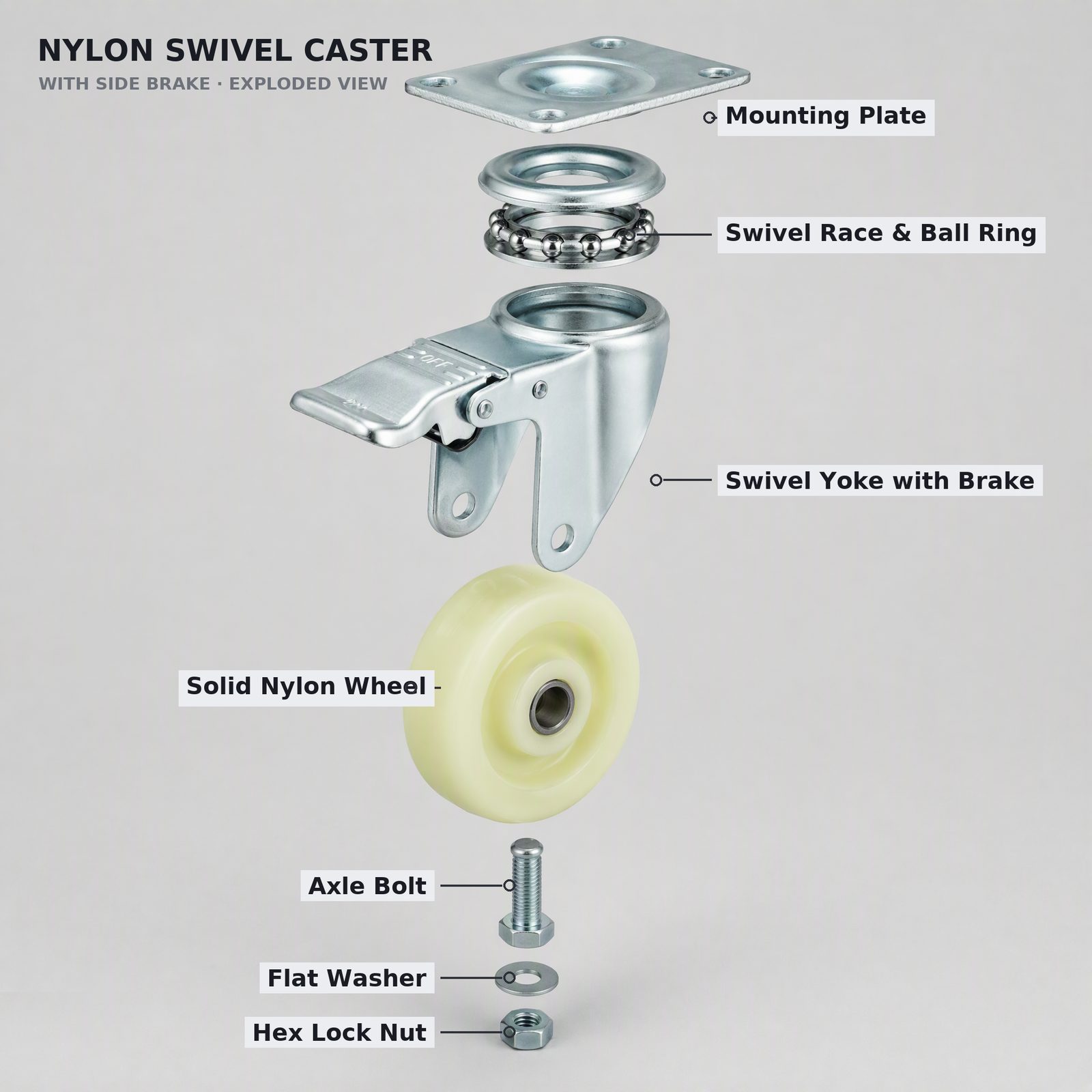 100 mm Nylon Top Plate Swivel Caster with Side Brake — Exploded view