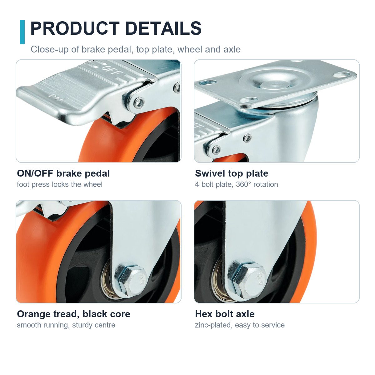 100 mm PU Top Plate Swivel Caster with Wheel Brake — Detail close-ups