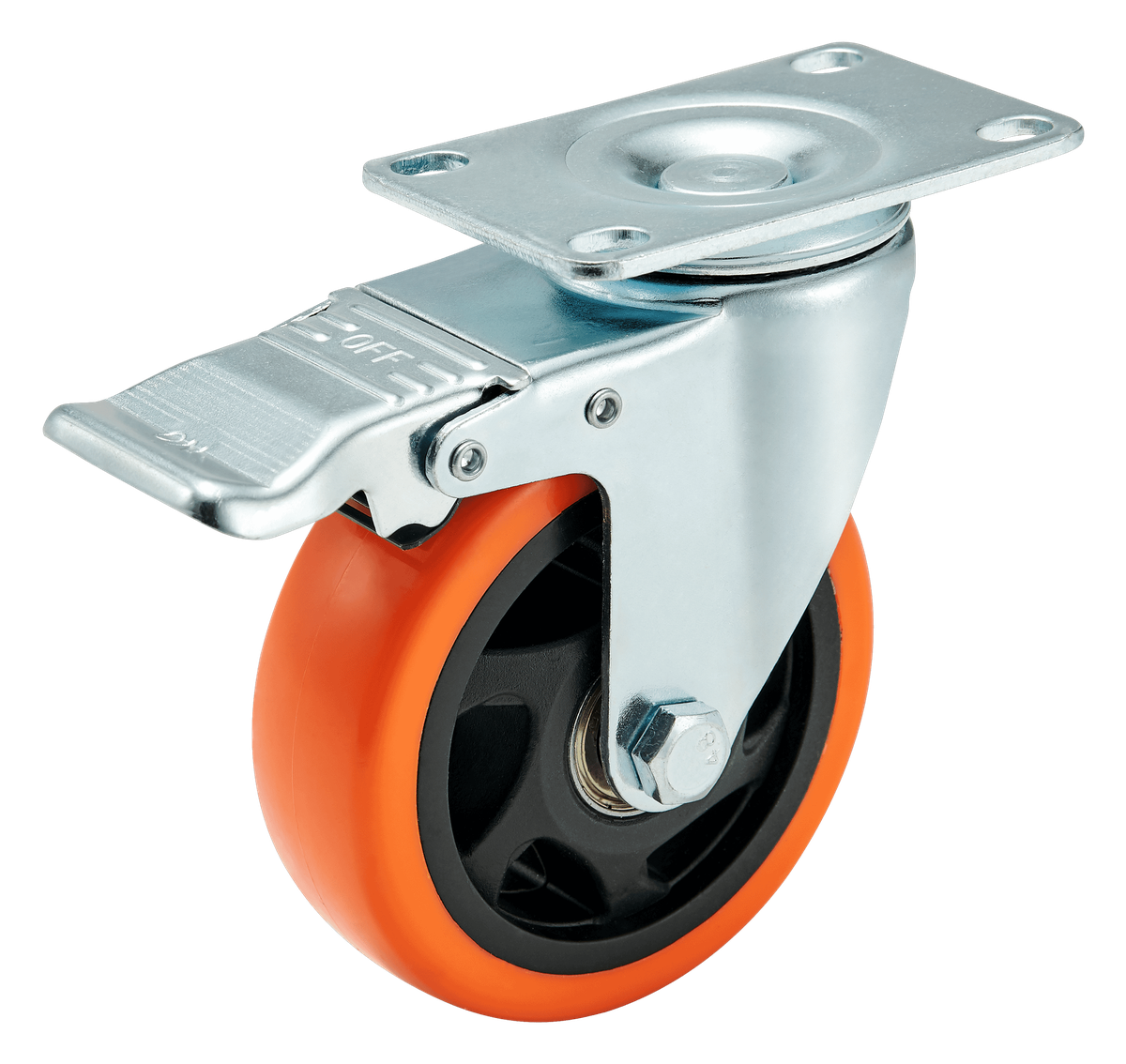 100 mm PU Top Plate Swivel Caster with Wheel Brake — Polyurethane Top plate caster, 100 mm wheel, 120 kg load capacity