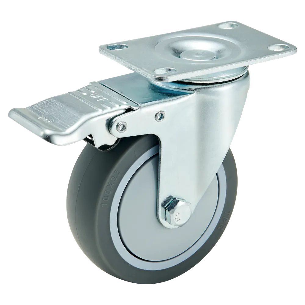 Medium Duty Top Plate Swivel Caster Wheels with Brake — 100 mm wheel, 120 kg load capacity, Top plate