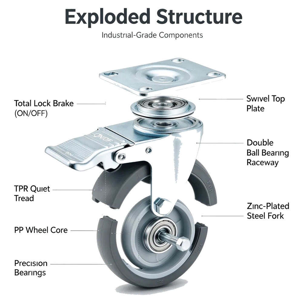 Medium Duty Top Plate Swivel Caster Wheels with Brake — Exploded view — industrial-grade components