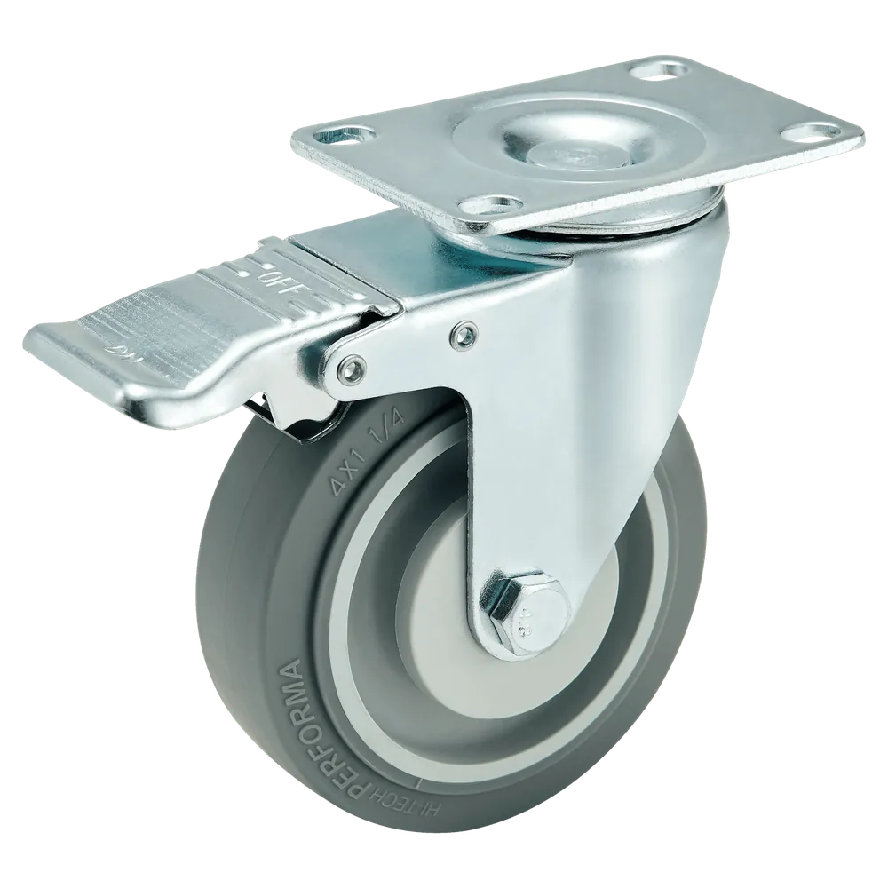 4" Medium Duty Grey TPR Swivel Plate Caster with Brake — 100 mm wheel, 120 kg load capacity, Top plate