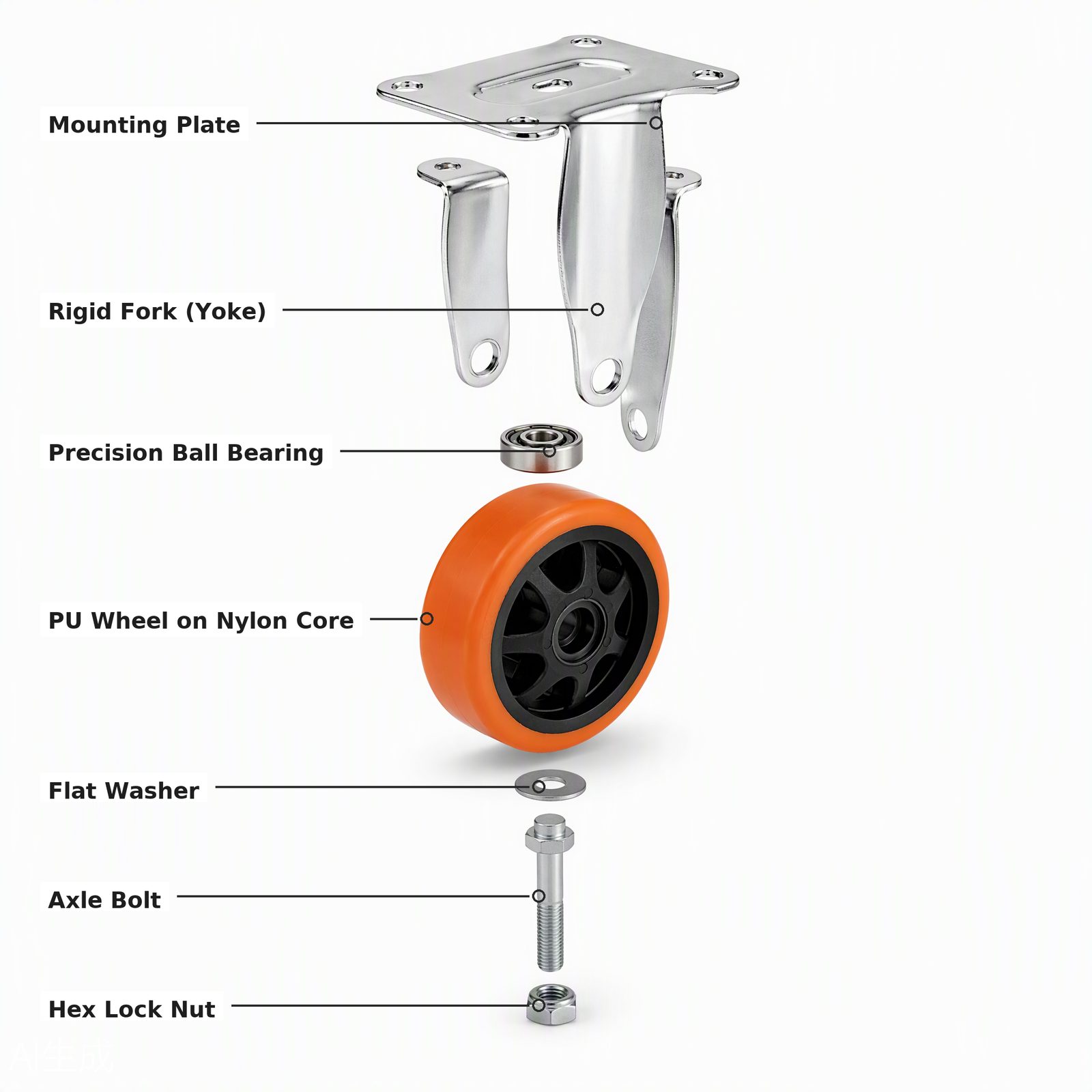 100 mm PU Rigid Top Plate Caster — Exploded view