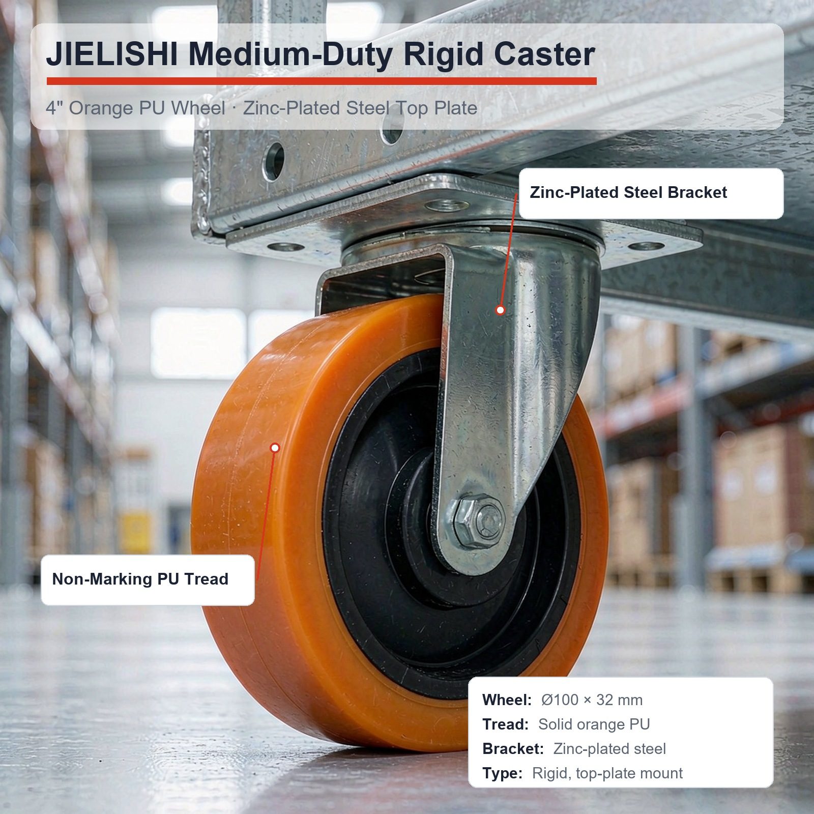 100 mm PU Rigid Top Plate Caster — Polyurethane Top plate caster, 100 mm wheel, 120 kg load capacity