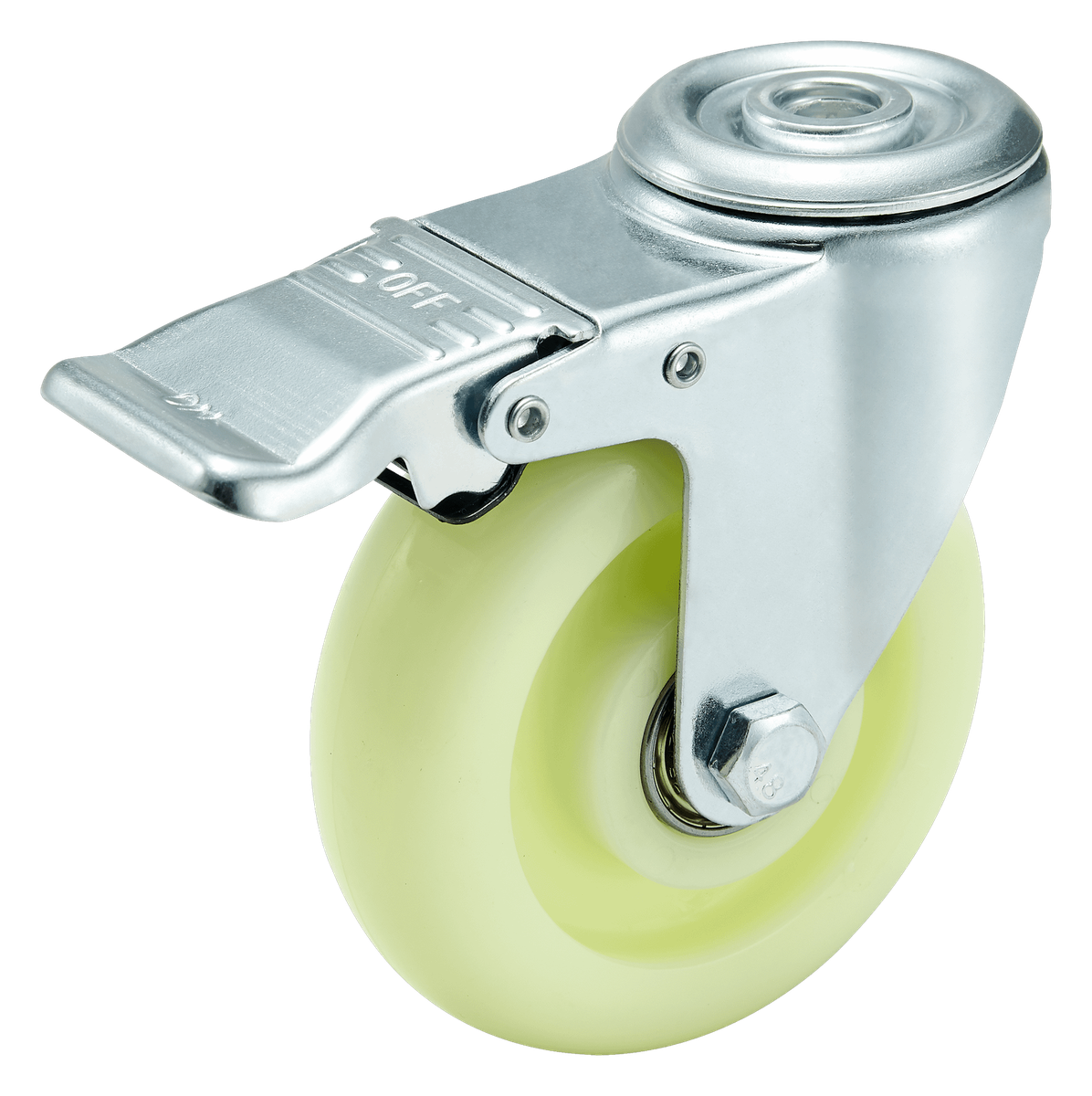 100 mm PU Bolt-Hole Swivel Caster with Total Lock — Polyurethane Top hole (bolt-down) caster, 100 mm wheel, 120 kg load capacity
