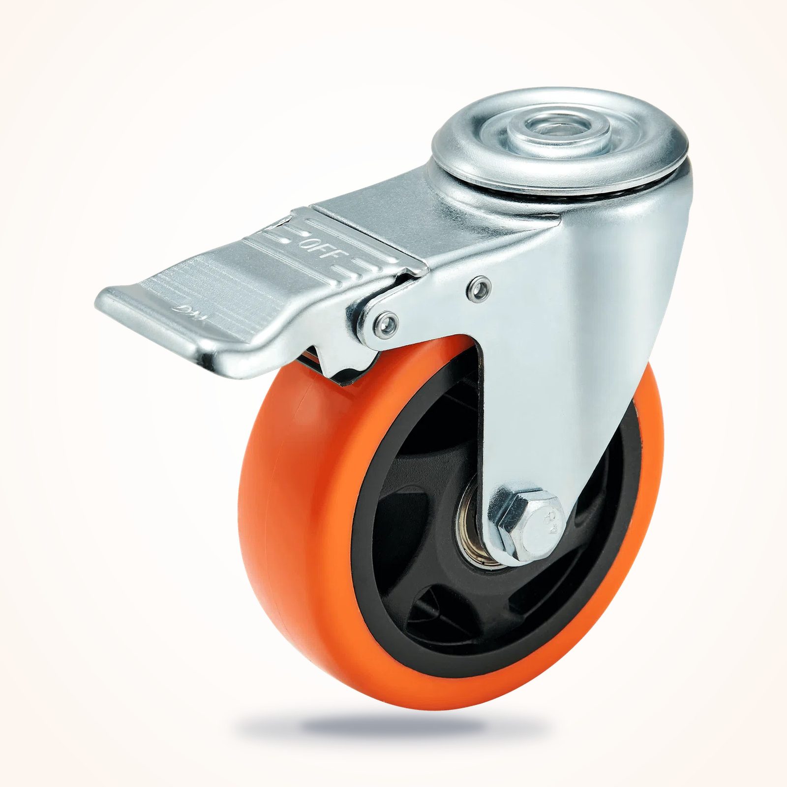 100 mm PU Bolt-Down Top-Hole Swivel Caster with Total Lock — 100 mm wheel, 120 kg load capacity, Top hole (bolt-down)