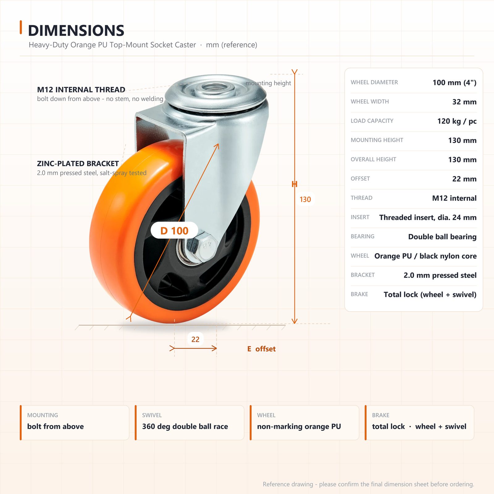 100 mm PU Bolt-Down Top-Hole Swivel Caster with Total Lock — Dimensions (reference)