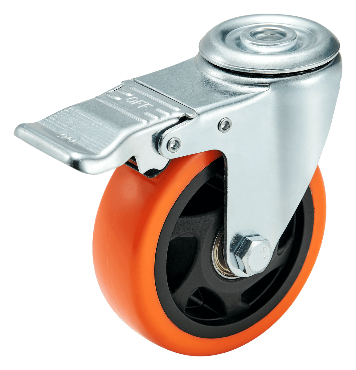 100 mm PU Bolt-Down Top-Hole Swivel Caster with Total Lock — Polyurethane Top hole (bolt-down) caster, 100 mm wheel, 120 kg load capacity