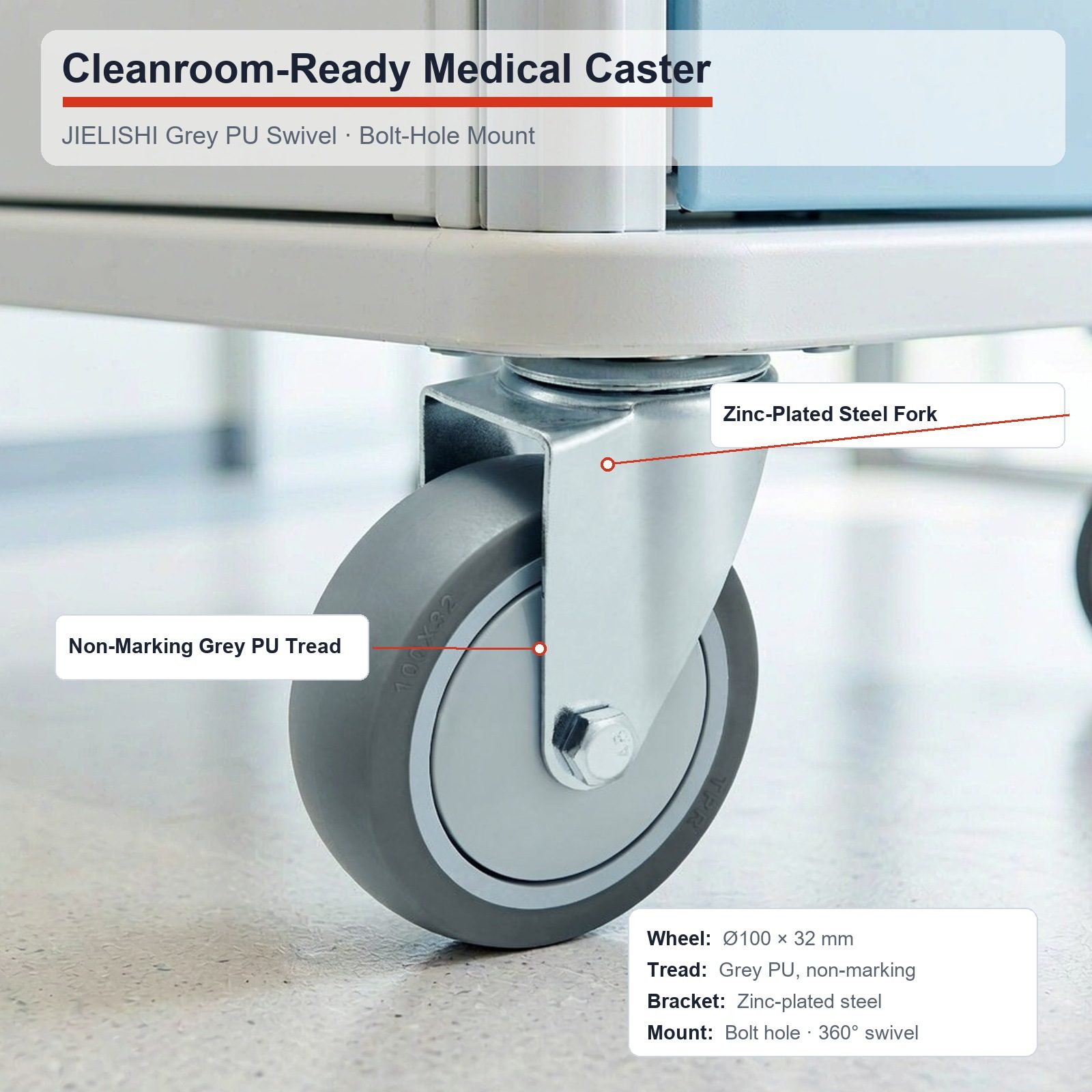 100 mm PU Bolt-Hole Swivel Caster — Medical use — annotated