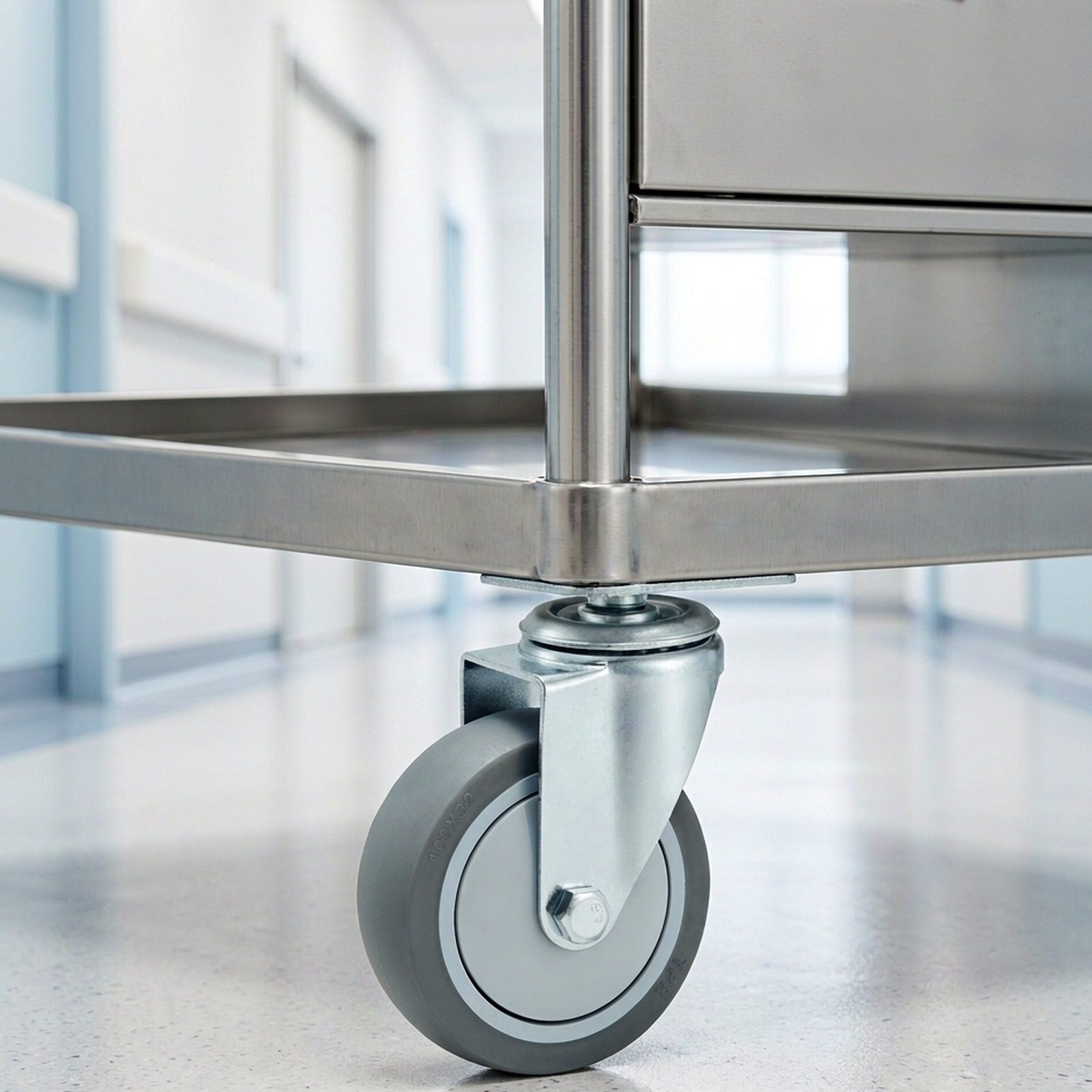 100 mm PU Bolt-Hole Swivel Caster — Hospital corridor