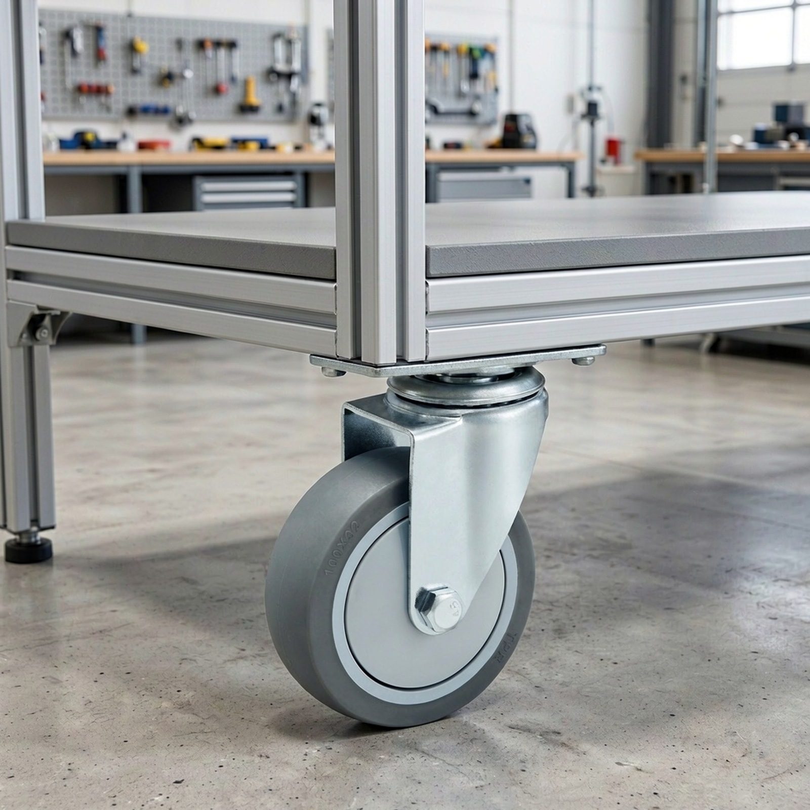 100 mm PU Bolt-Hole Swivel Caster — Workshop bench