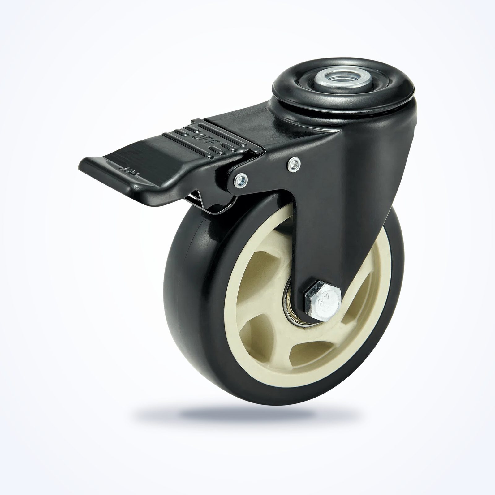 100 mm PU Bolt-Down Top-Hole Swivel Caster with Total Lock — Black — 100 mm wheel, 120 kg load capacity, Top hole (bolt-down)