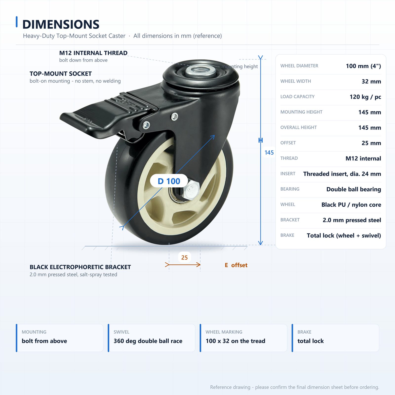 100 mm PU Bolt-Down Top-Hole Swivel Caster with Total Lock — Black — Dimensions (reference)