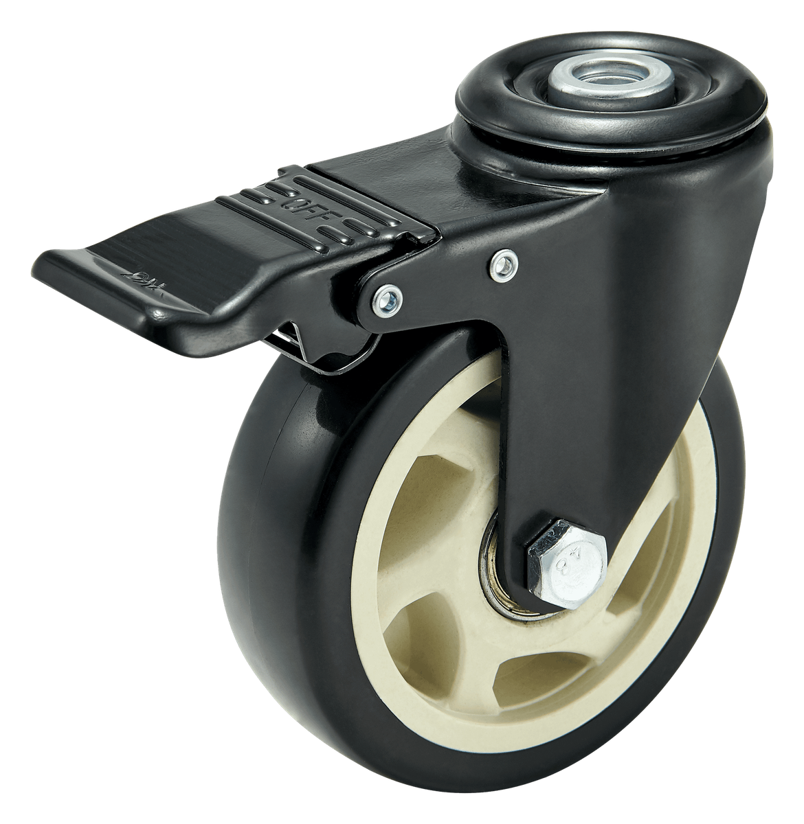 100 mm PU Bolt-Down Top-Hole Swivel Caster with Total Lock — Black — Polyurethane Top hole (bolt-down) caster, 100 mm wheel, 120 kg load capacity