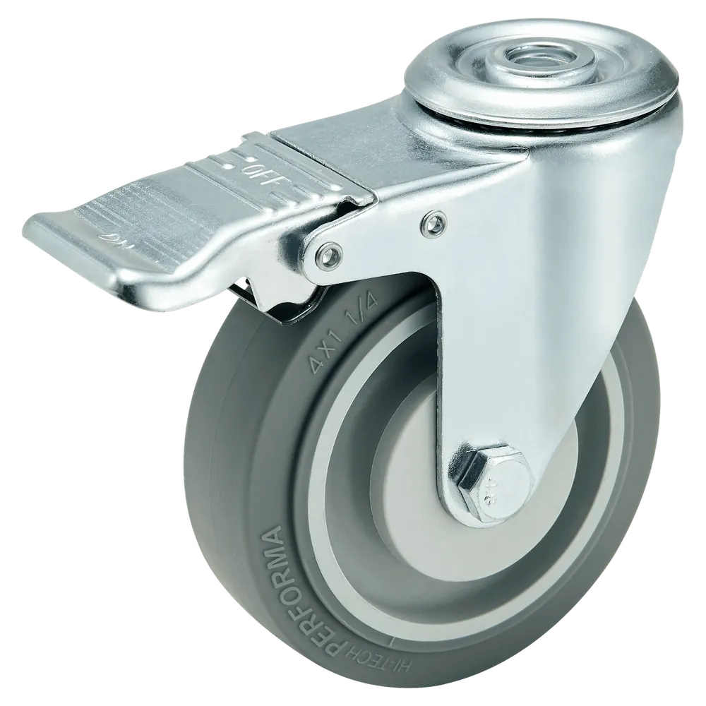 TPR Medium Duty Top Hole Swivel Brake Caster — 100 mm wheel, 120 kg load capacity, Top hole (bolt-down)