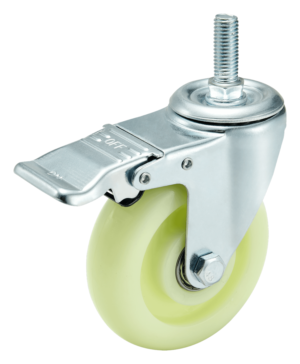100 mm Nylon Threaded Stem Swivel Caster with Side Brake — Nylon (PA6) Threaded stem caster, 100 mm wheel, 150 kg load capacity