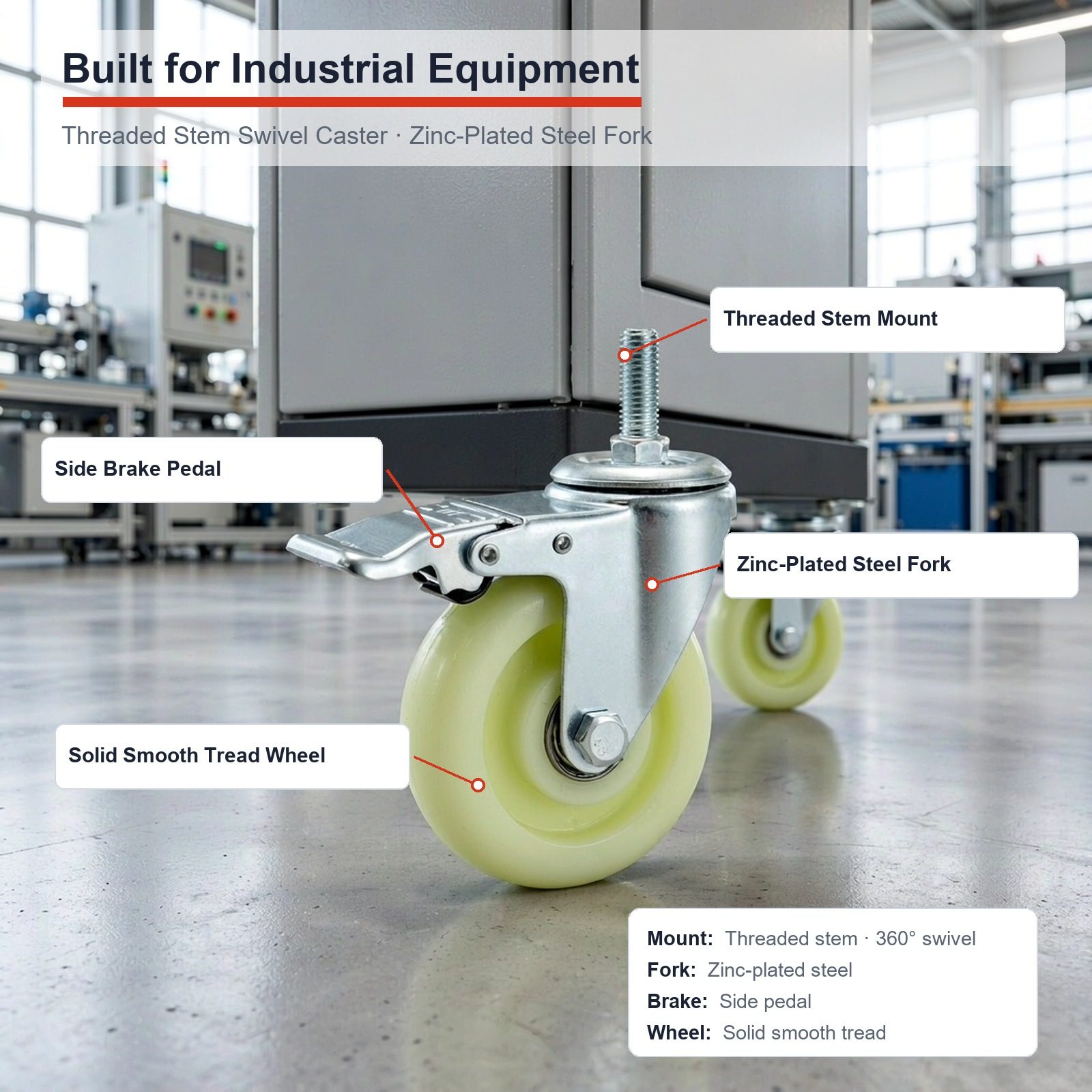 100 mm Nylon Threaded Stem Swivel Caster with Side Brake — Factory cabinet — annotated