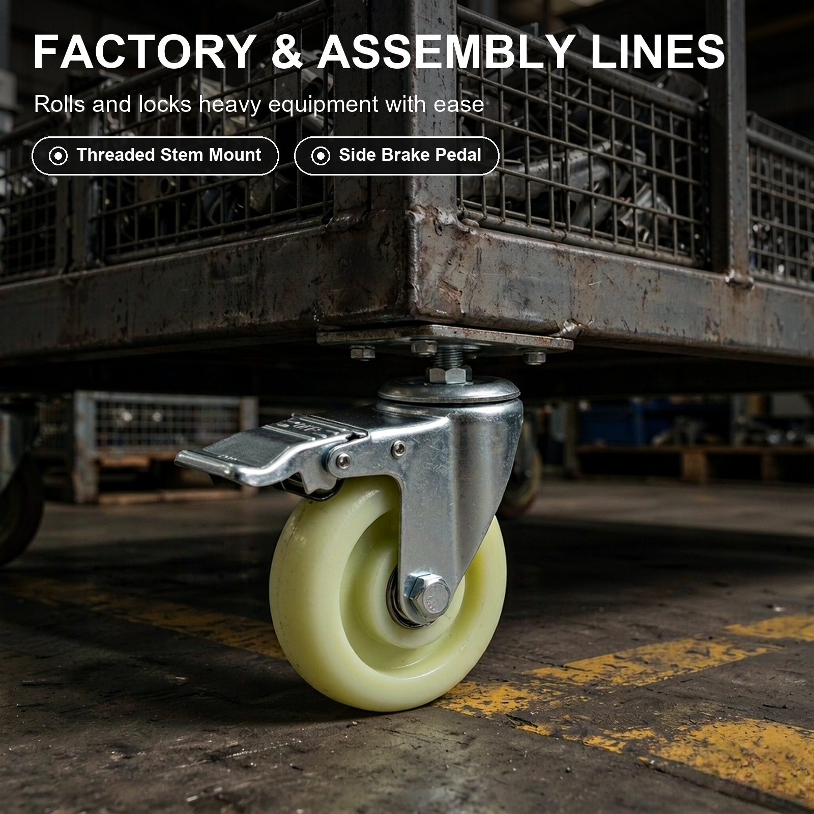 100 mm Nylon Threaded Stem Swivel Caster with Side Brake — Factory assembly line