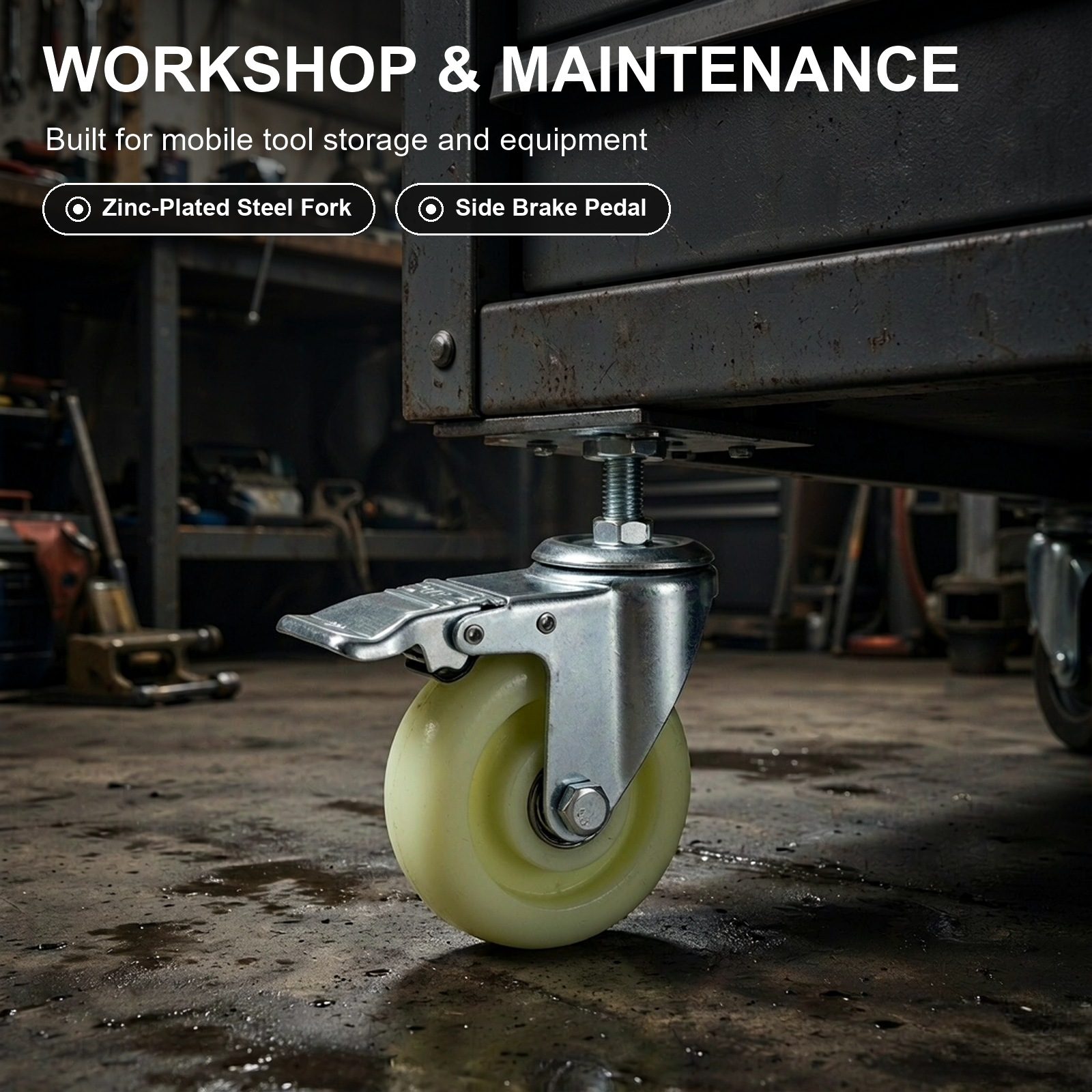 100 mm Nylon Threaded Stem Swivel Caster with Side Brake — Workshop maintenance