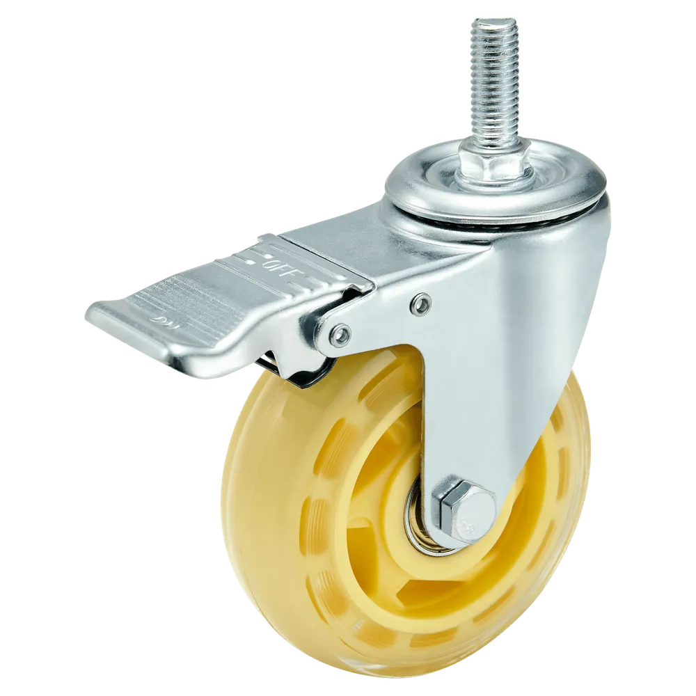 3 Inch Yellow PU Swivel Caster Wheel With Side Brake — 75 mm wheel, 120 kg load capacity, Threaded stem