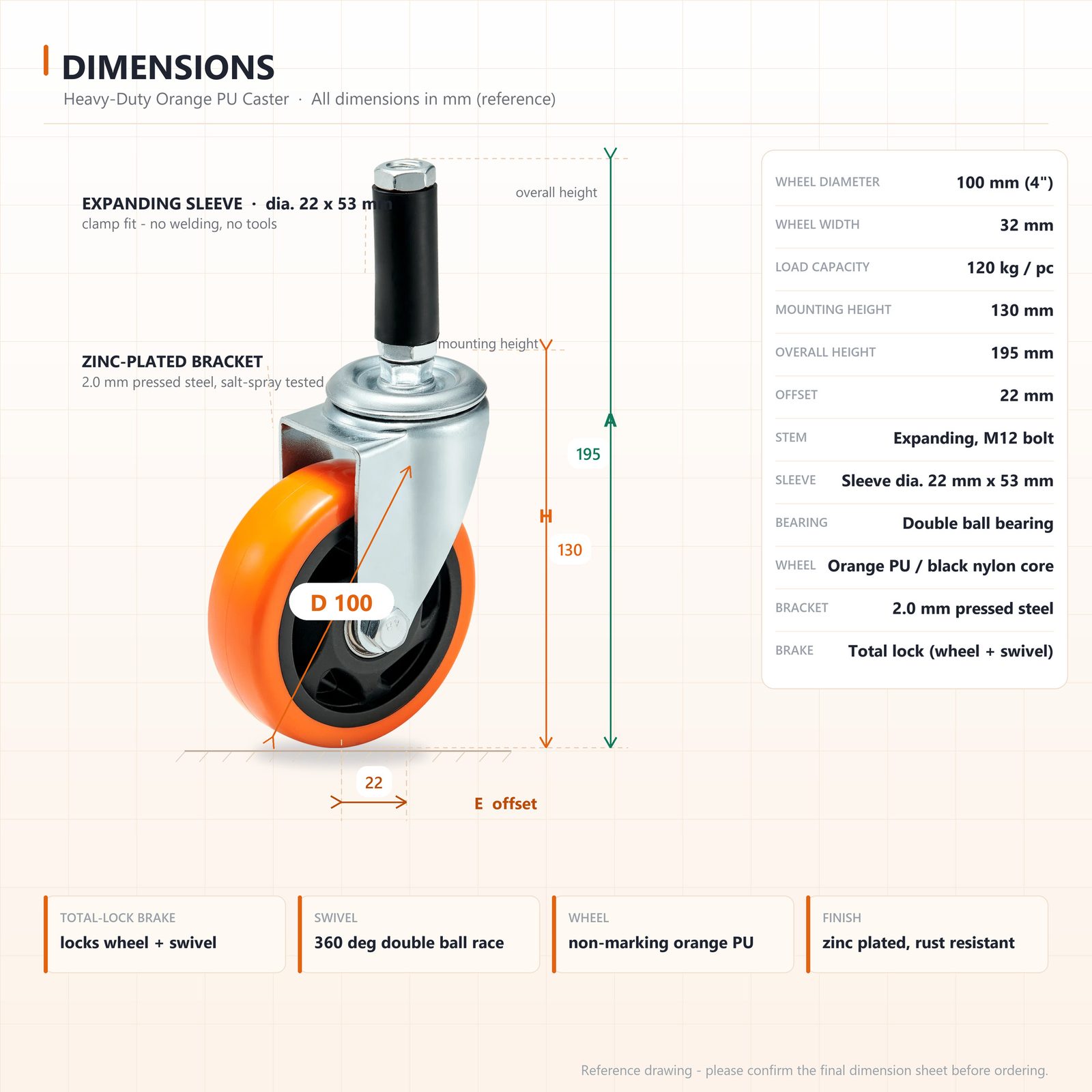 100 mm PU Expanding Sleeve Swivel Caster with Total Lock — Dimensions (reference)