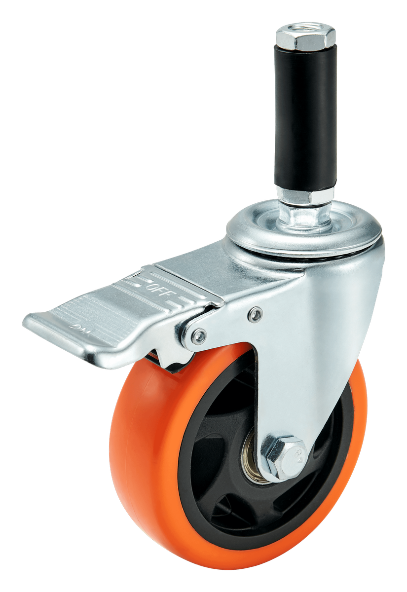 100 mm PU Expanding Sleeve Swivel Caster with Total Lock — Polyurethane Grip-ring / expanding stem caster, 100 mm wheel, 120 kg load capacity